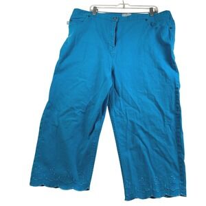 Liz & Me Womens 22W Turquoise Blue Scalloped Floral Embroidered Crop Pants Capri